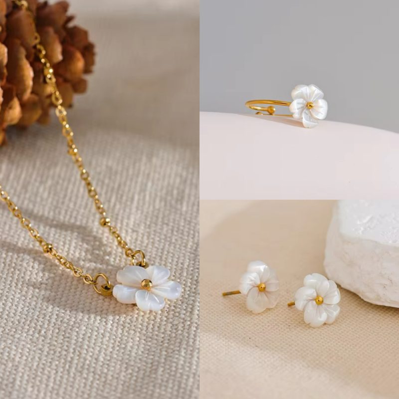 Elegant Sweet Flower 304 Stainless Steel Shell 18K Gold Plated Inlay Rings Earrings Necklace - Image 2