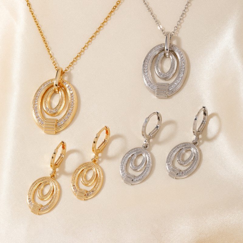 Copper K Gold Plated Rhodium Plated Circle Zircon Earrings Necklace Jewelry Set