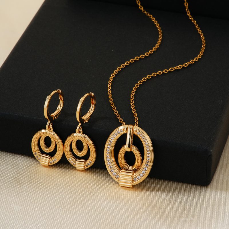 Copper K Gold Plated Rhodium Plated Circle Zircon Earrings Necklace Jewelry Set - Image 2