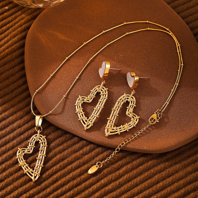 Elegant Vacation Heart Shape 304 Stainless Steel Shell 18K Gold Plated Inlay Earrings Necklace - Image 5