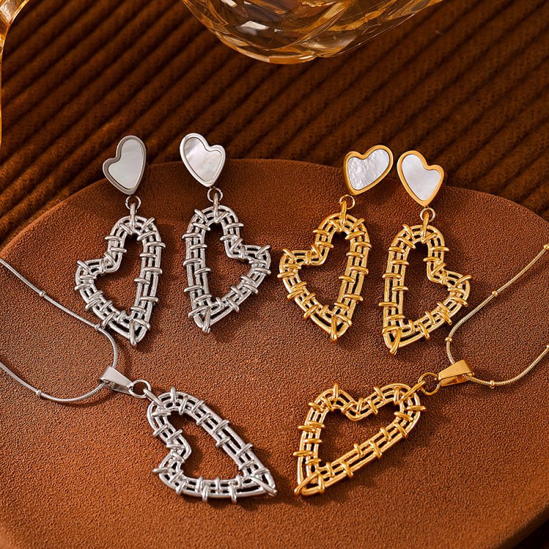 Elegant Vacation Heart Shape 304 Stainless Steel Shell 18K Gold Plated Inlay Earrings Necklace